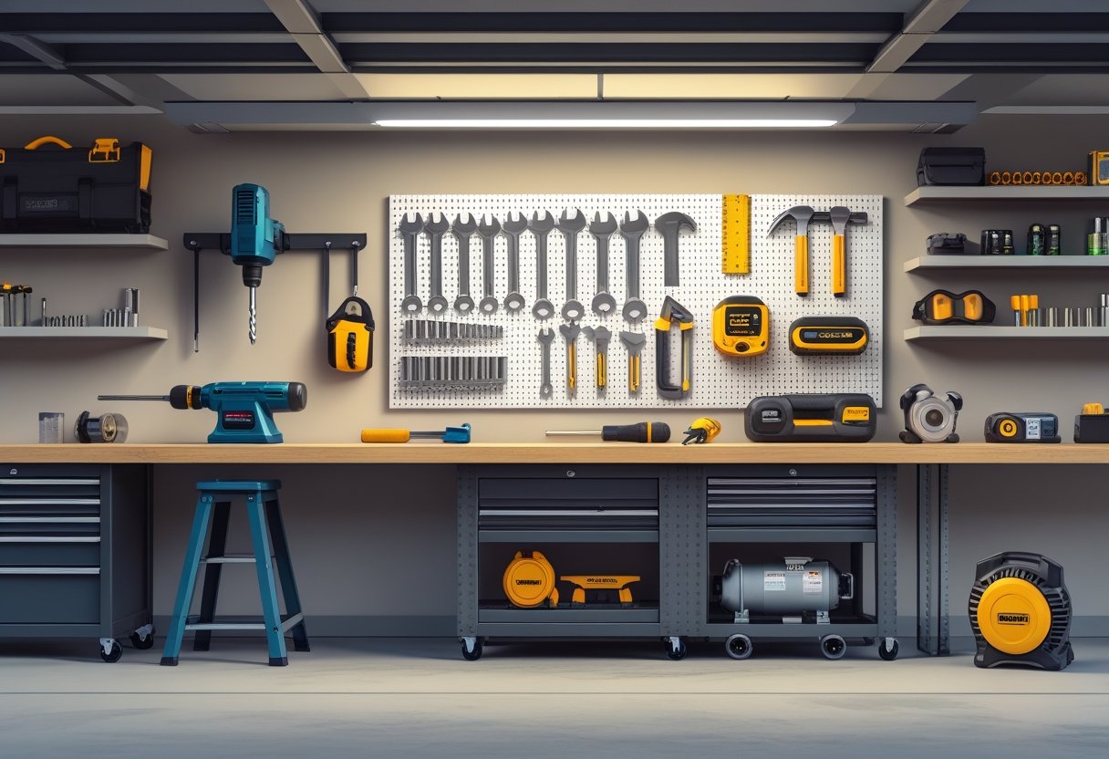 A clean and organized home garage with a workbench and ten essential tools including a drill, wrenches, hammer, tape measure, toolbox, safety goggles, level, screwdrivers, and air compressor.
