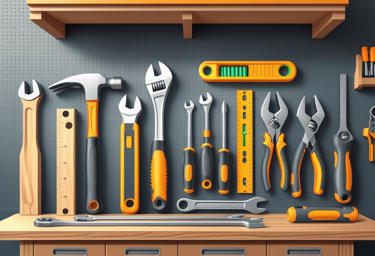 A clean workbench in a home garage displaying ten essential hand tools arranged neatly, including a hammer, wrenches, screwdrivers, pliers, tape measure, utility knife, level, socket wrench, and hex keys.