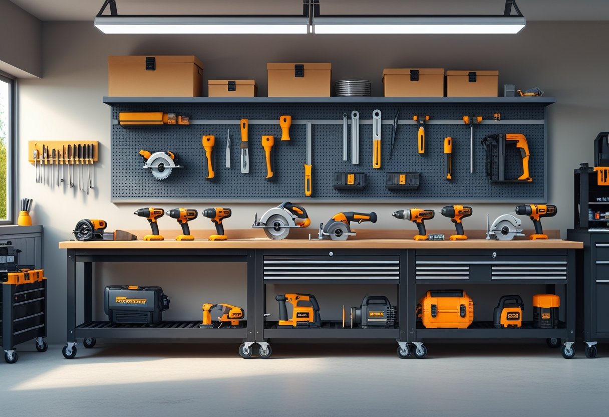 A home garage workspace with a workbench displaying ten essential power tools arranged neatly, including a drill, saws, grinder, and compressor, with shelves and pegboards holding additional tools in the background.
