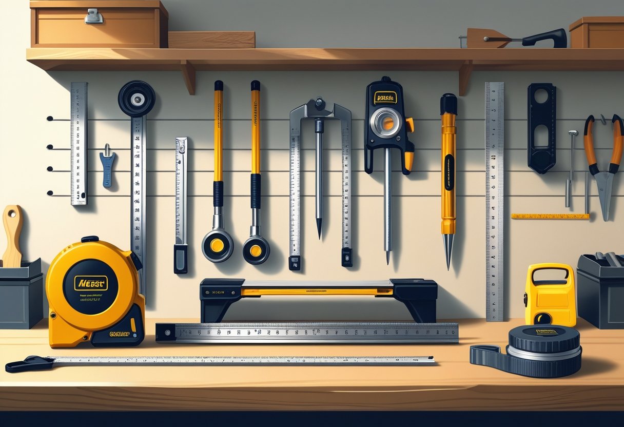 A collection of ten measuring and layout tools arranged on a wooden workbench in a home garage.