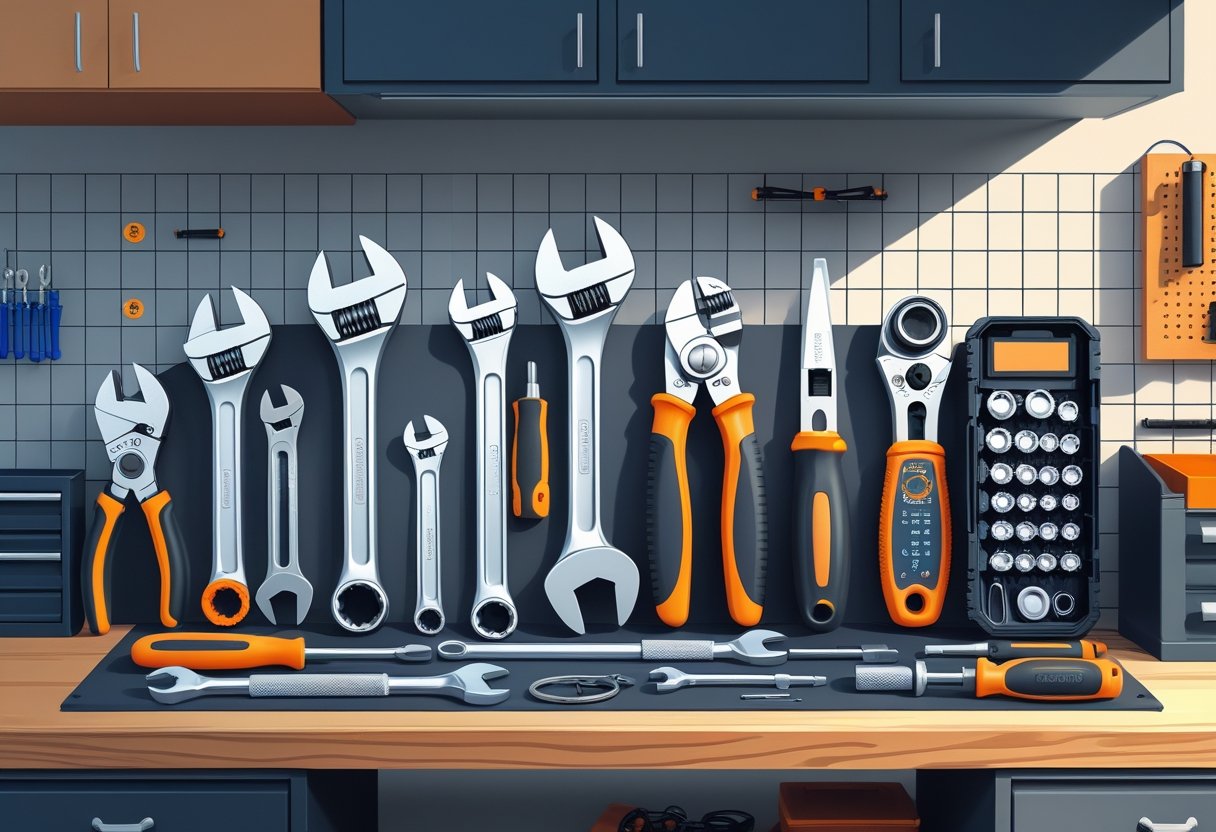 A home garage workbench with ten essential automotive and mechanical tools neatly arranged, including wrenches, pliers, a hammer, screwdrivers, a tire pressure gauge, and a digital multimeter.