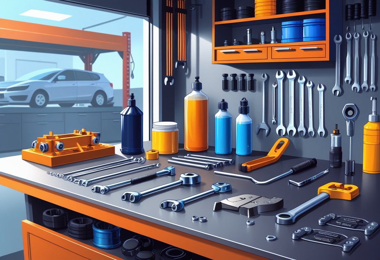 A mechanic's workbench displaying various essential tools used for brake repair, including wrenches, brake pads, a torque wrench, and a brake bleeder kit.