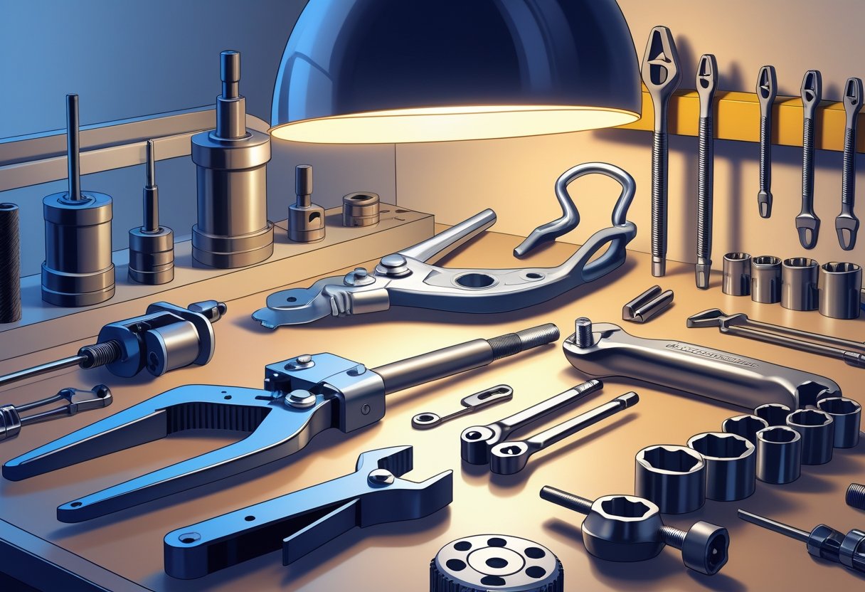 A neatly arranged set of essential hand tools for brake jobs on a workbench, including wrenches, pliers, a C-clamp, and a brake bleeder kit.