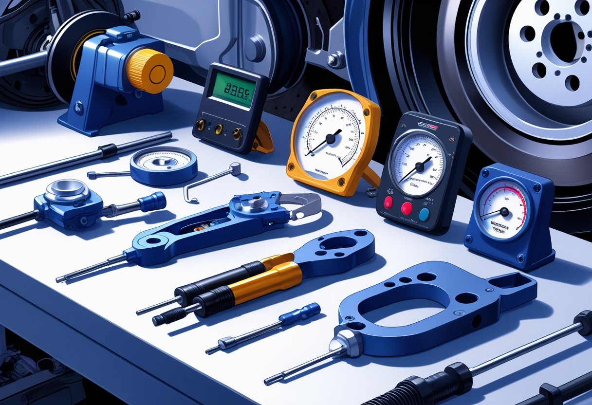 A workbench displaying various diagnostic and inspection tools used for brake jobs, including gauges, a multimeter, a torque wrench, and a brake fluid tester, with a car brake assembly faintly visible in the background.