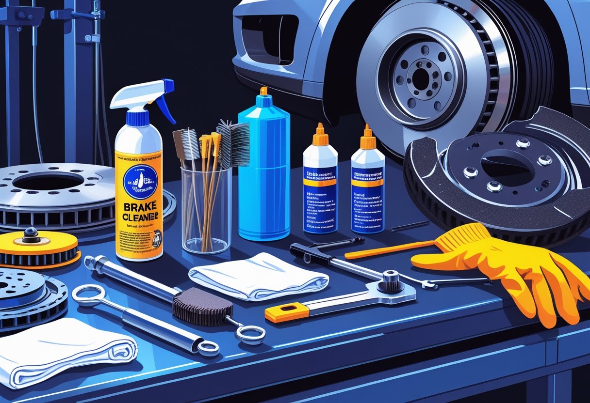 An organized workbench with brake cleaning sprays, wire brushes, grease tubes, rags, gloves, brake pads, rotors, and a hydraulic jack arranged for brake maintenance.