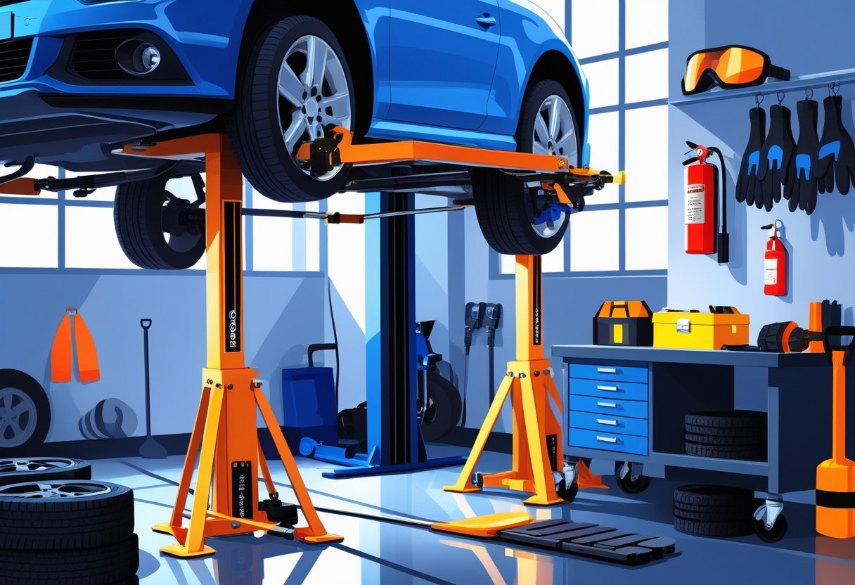 An automotive workshop with a car lifted on a hydraulic lift, jack stands underneath, brake tools on a workbench, and safety gear like gloves and goggles nearby.