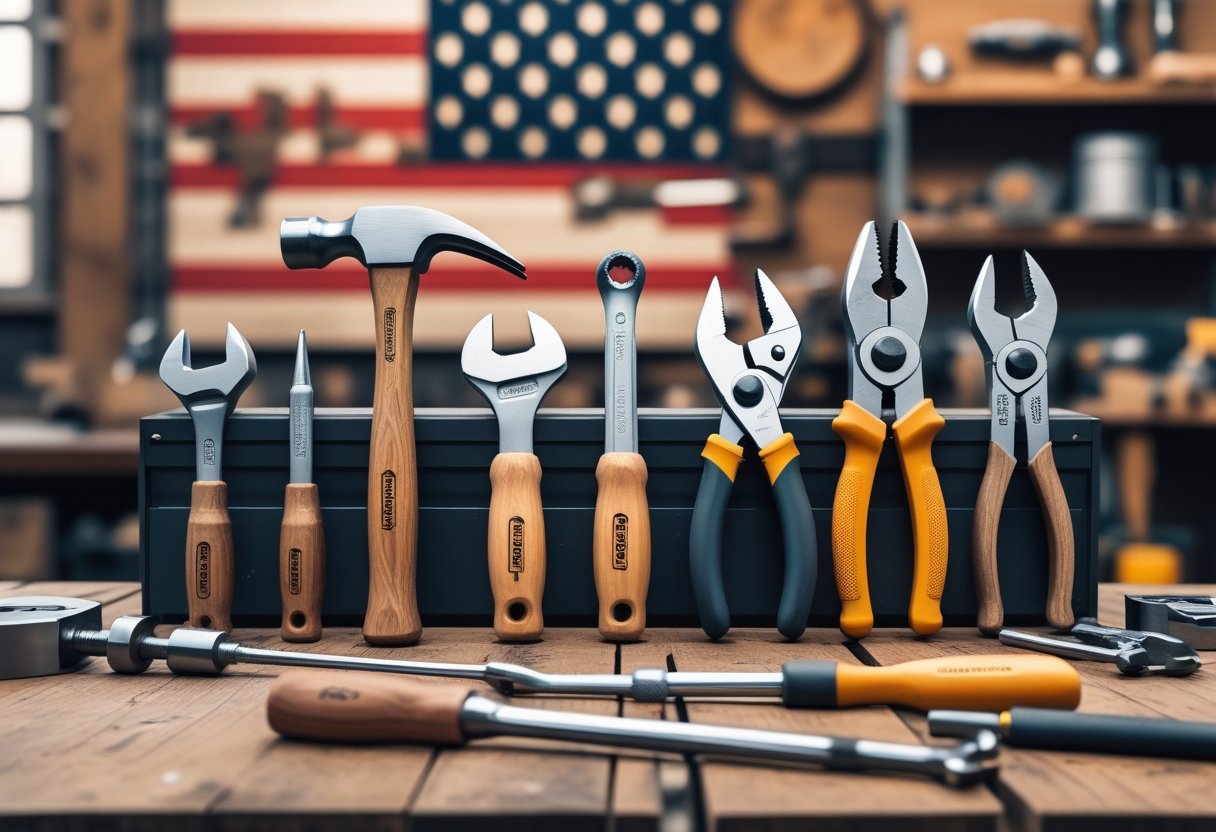 A collection of hand tools including a hammer, wrench, screwdriver, pliers, and tape measure arranged on a wooden workbench with a faint outline of the United States map in the background.