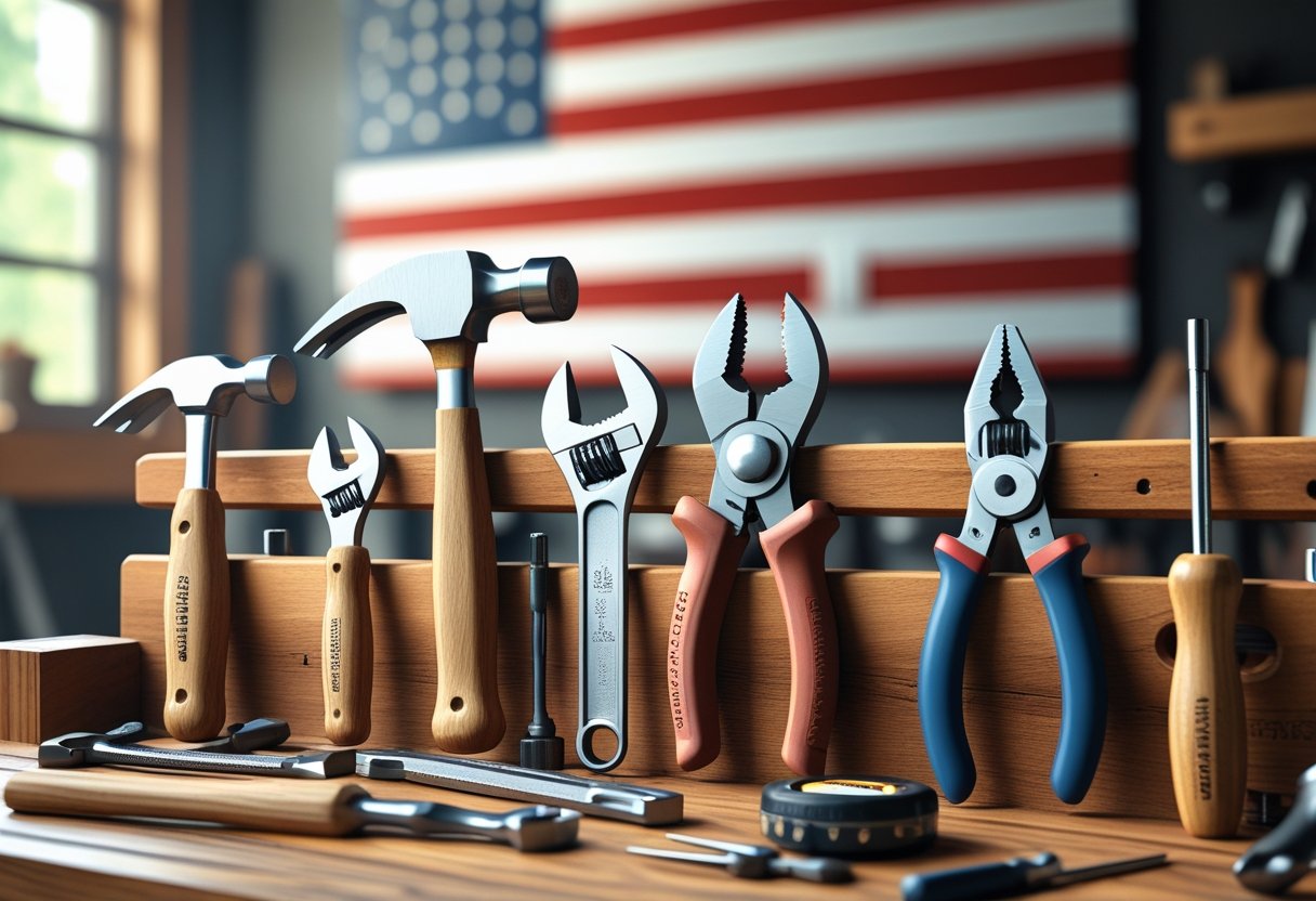 A variety of hand tools arranged on a wooden workbench with an American flag softly visible in the background.