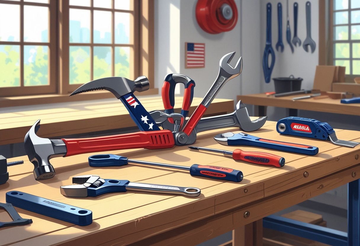 A collection of various hand tools arranged on a wooden workbench inside a bright workshop.