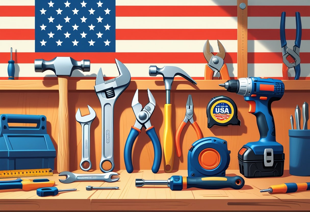 A collection of various tools including a hammer, wrench, screwdriver, tape measure, pliers, and power drill arranged on a wooden workbench with an American flag in the background.