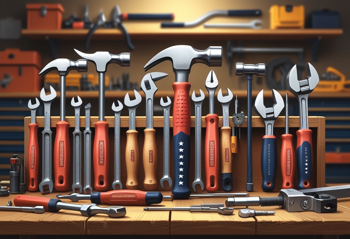 A collection of American-made hand tools arranged on a wooden workbench inside a workshop.