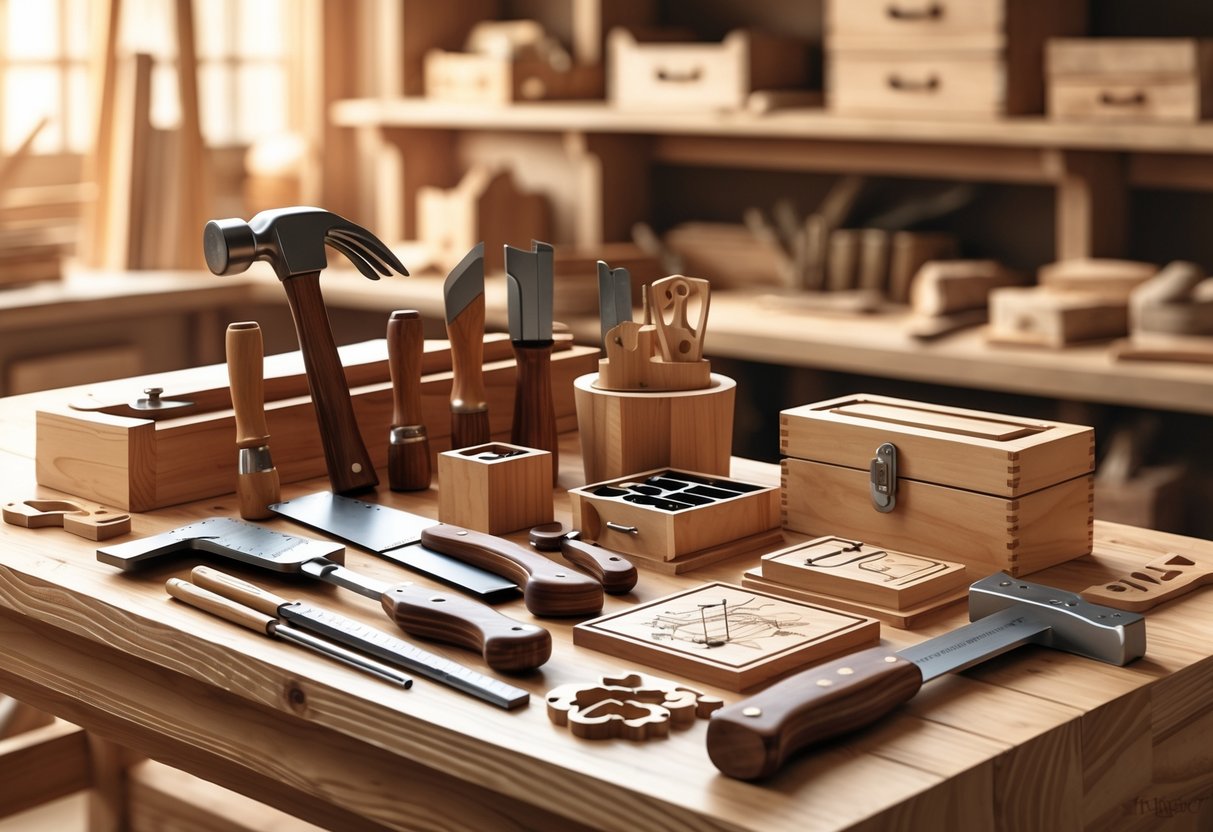 A workbench displaying woodworking tools and handcrafted wooden gifts arranged in a woodshop setting.