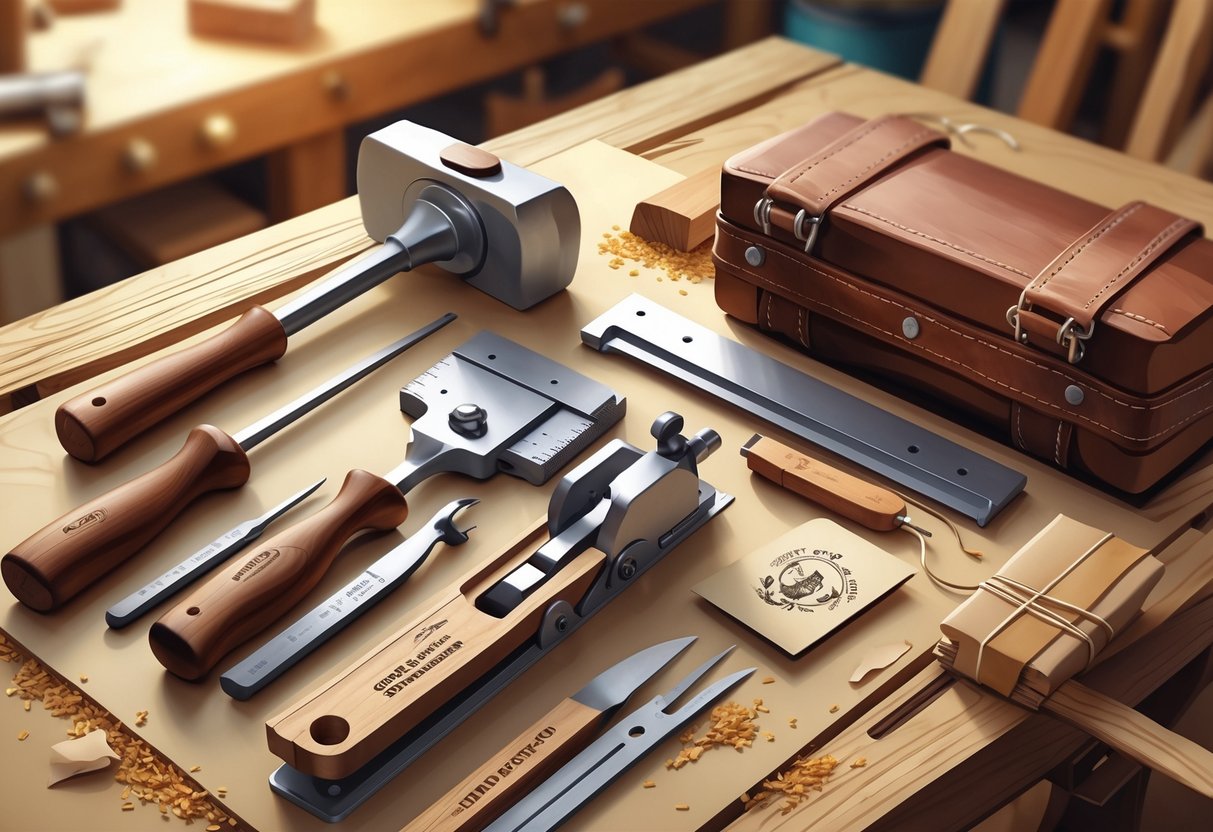 A workbench displaying various carpenter tools and gift items including a hammer, measuring tape, chisels, tool belt, wooden toolbox, and a gift card in a workshop setting.