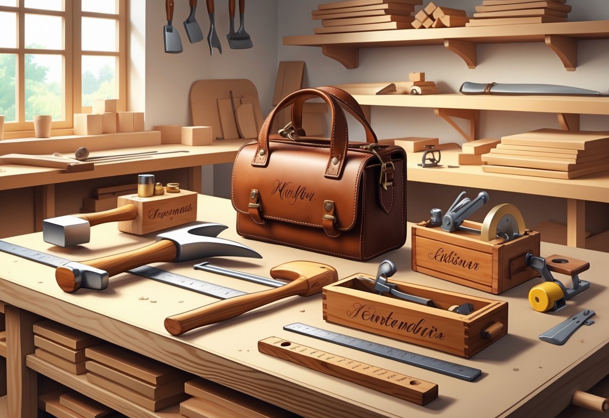 A wooden workbench displaying personalized carpenter gifts including an engraved hammer, leather tool belt, wooden ruler, and carved toolbox, surrounded by carpentry tools in a workshop setting.
