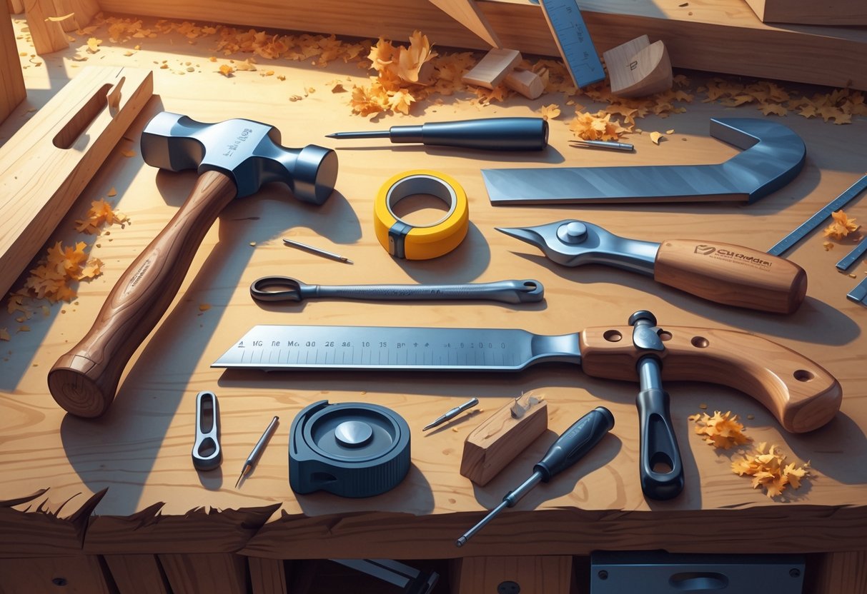 A collection of carpenter tools including a hammer, measuring tape, chisel, square, and screwdrivers arranged on a wooden workbench with wood shavings.