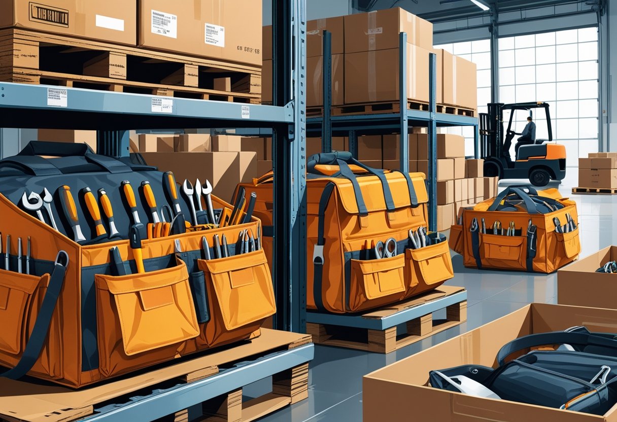 Tool bags filled with hand tools being packed into shipping boxes and stored on shelves in a warehouse.