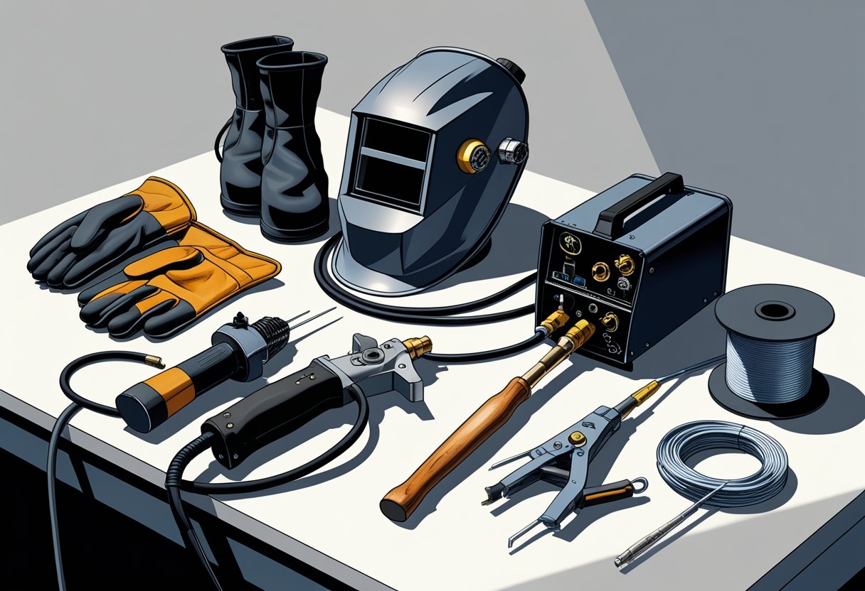 A collection of welding tools including a welding helmet, gloves, welding torches, clamps, a wire brush, and a spool of welding wire arranged on a workbench.