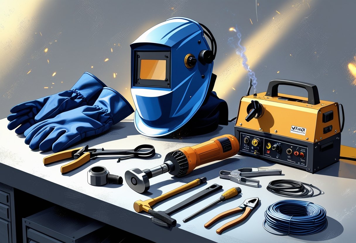 A collection of essential welding tools arranged on a workbench, including a welding helmet, gloves, grinder, welding torch, clamps, hammer, brushes, and spool of wire.