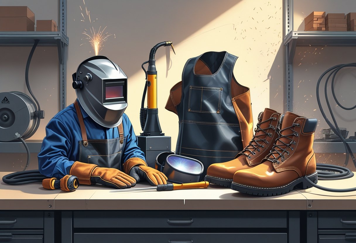 A workbench displaying welding tools and personal protective equipment including a welding helmet, gloves, apron, safety goggles, earmuffs, and boots in a workshop setting.