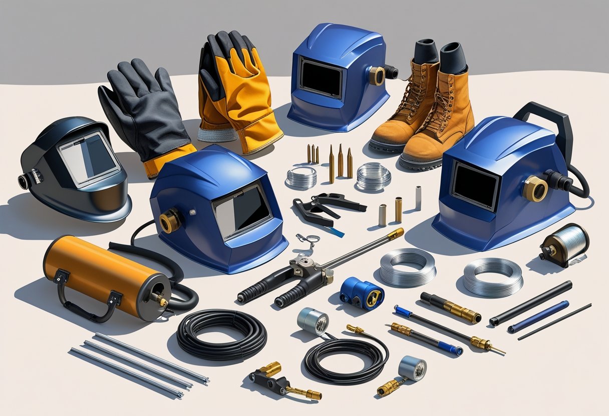 A collection of welding tools and consumables including helmets, gloves, clamps, welding rods, wire spools, nozzles, and gas cylinders arranged neatly on a plain background.