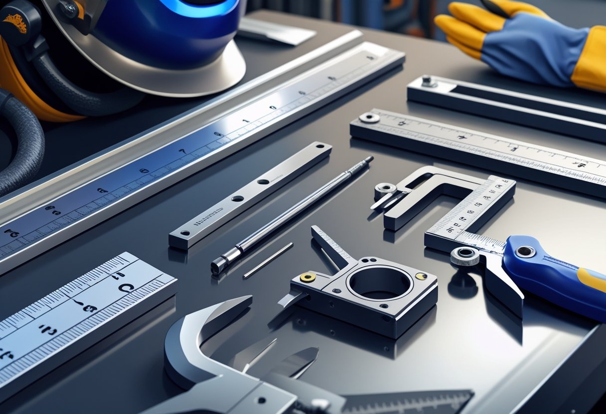 A collection of measuring and layout tools for welding arranged on a workbench with welding equipment in the background.